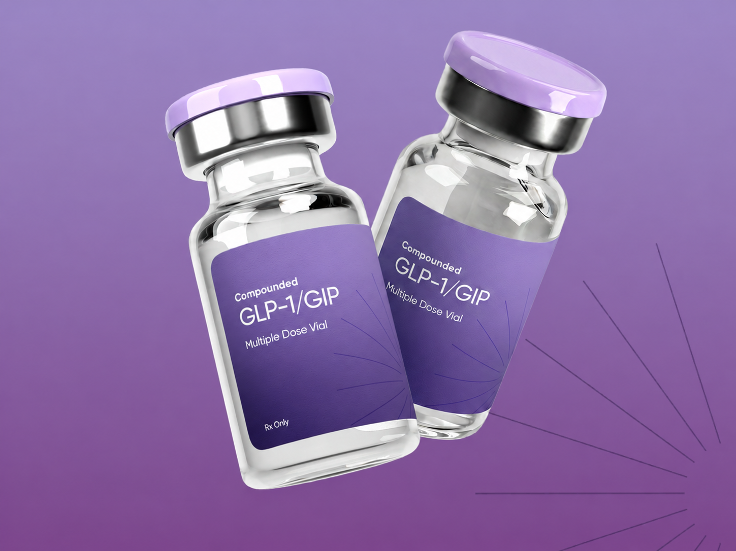 Compounded GLP-1/GIP multiple dose vials rendered on a purple gradient background