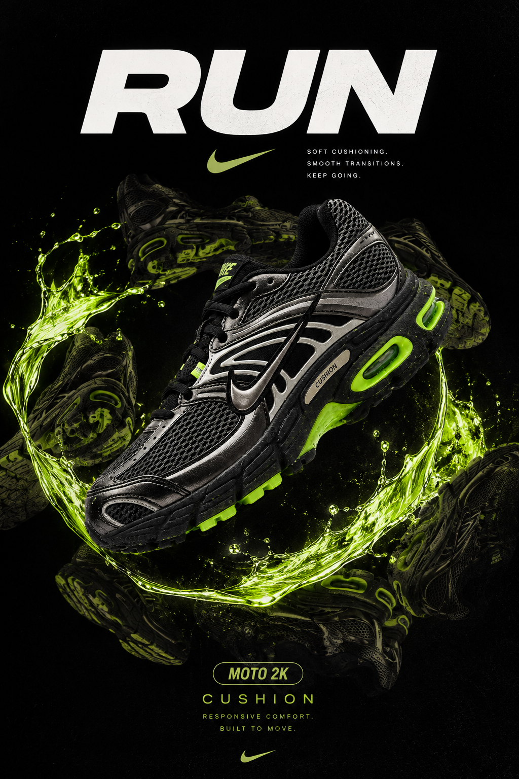Nike Moto 2K running shoe campaign poster with neon green splash and bold RUN headline